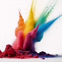 Vibrant explosion of colorful powders on stark white backdrop closeup view depicted through neural network art photo