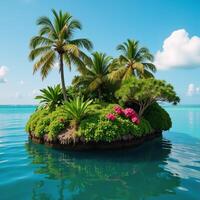 A photorealistic depiction of a lush flatfloating tropically verdant island landscape photo