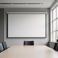 Conference room interior Blank projector screen windows against mockwall background photo
