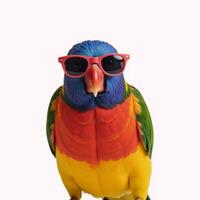 Colorful bird with sunglasses against white backdrop for various designs such as covers cards and presentations Isolated photo