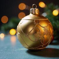 A photorealistic rendering of an intricately detailed golden Christmas ornament photo