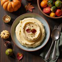 Autumnthemed feast displayed as rustic tabletop scene with creamy mashed potatoes seasonal dishes cozy comforting photo