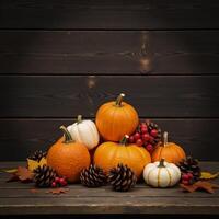 Rustic Fall scene featuring pumpkins leaves pine cones and berries on weathered wooden table for a cozy seasonal ambiance photo