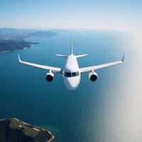 Flying airplane against panoramic blue sky backdrop photo
