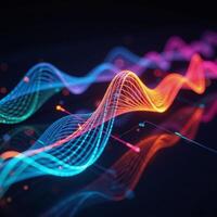 Vivid graphical portrayal of vibrant soundwaves against a dark backdrop featuring digital gloweffects that represent musicality and tech photo