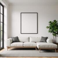 Mockup of modern interior design featuring living room wall and house background on an ISO A papersized frame photo