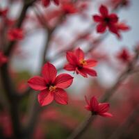 A shower of falling red blossoms embodying the vibrant spirit of spring photo