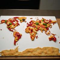 Map showcases diverse global cuisine through foodbased world outline photo