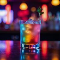 A Pride cocktail is depicted against a blurred nightclub background Nightlife Scene photo