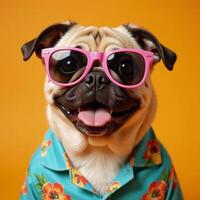 Cute Pug dons trendy pink shades Hawaiian shirt against orange backdrop travelthemed illustration photo