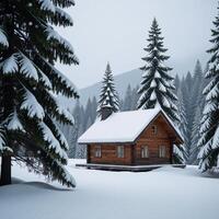 A snowy winter landscape features a solitary cabin within pine trees photo