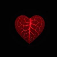 An abstract glowing red heart featuring visible cracks against a dark backdrop photo