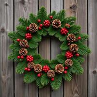 A Christmas wreath adorned with red berries and pinecones hangs on a rustic wooden barn door photo