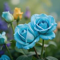 Blue rose bouquet amidst a colorful and romantic garden setting photo