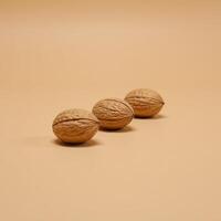 Three walnut shells against a beige backdrop photo