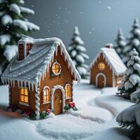A snowcovered winter village adorned with charming gingerbread houses photo