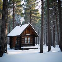 Cozy wooden cabin nestled amidst a snowy winter forest photo