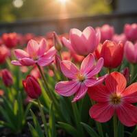 Sunlit Spring Garden Vibrant flowers shimmer as rain drops dance in morning light photo