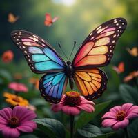 A colorful geometricalangled 3D rendered fairy with large vibrant wings rests upon a garden casting an intriguing shadow onto the natural surroundings photo