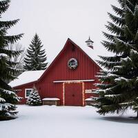 Snowy countryside scene featuring a cozy lighted red barn amidst evergrees photo