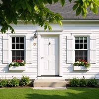 A white cottage with two windows and a front door photo