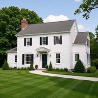 Colonial farmhouse characterized by white clapboard siding photo