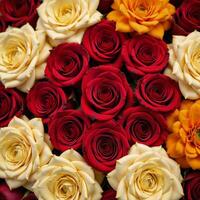 Floral composition showcasing interwoven patterns of roses chrysanthemums and marigolds photo