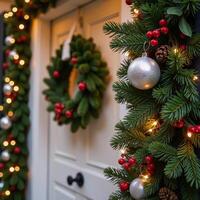 Christmas frontdoor garland adorned with festive lights photo