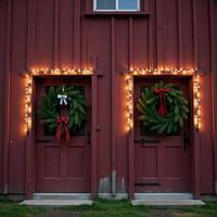 Rustic barn adorned with Christmas decorations Wreath Lights Backdrop photo
