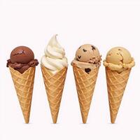 Fourflavored ice cream in a waffle cone on white background depicted as watercolor handdrawn illustration photo