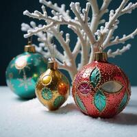 Abstract ornament illustrations against snowy coral backdrop Christmas theme photo