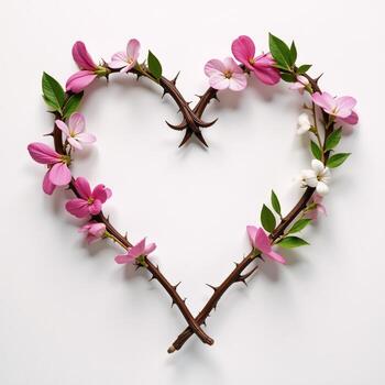 Simple linedrawing portrait featuring flowers vines and thorns forming a heart shape on a white background photo