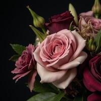 Wallpaper design vintagestyle floral composition with dark background featuring flowers and leaves photo