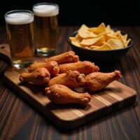 Fried chicken wings beer nachos served on a wooden board in shadowy silhouette photo