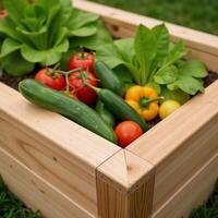 Drawing showcases a rustic raised vegetable garden bed made of wood photo