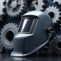 A captivating 3D render showcases a welding helmet amidst gears signifying industrial innovation in metalwork photo