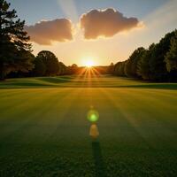 Scenic sunrise view over a goldenglowing golf course photo