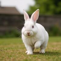 A fluffy hopping white rabbit with long ear flaps against a gentle backdrop photo