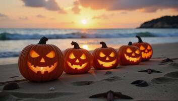 Beach setting featuring Halloweenthemed pumpkins amidst seashells starfish at sunset ideal for promotional materials decorations or events photo