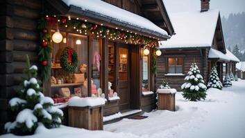 A cozy Christmasthemed storefront nestled within a snowy village during wintertime photo