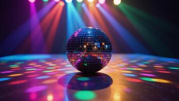 A vibrant disco ball illuminates the dance floor with multicolored light rays and bokeh effects photo
