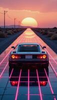 Futuristic 80s retrowave aesthetic a sleek car on neon laser gridlines driving towards the sunset horizon in a clear simple and beautiful mirror image against an empty mirrored floor photo