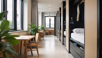 Image portrays a hostel hallway showcasing dormitory rooms and innovative storage solutions Hallway Design Hostel Interior Dormitory Rooms photo
