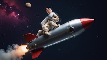 Adorable rabbitastronaut on a starryspace mission sporting a spacesuit while cruising a rocket ship photo