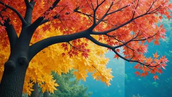 Colorful tree with hanging branches as an illustrative background perfect for a bright 3D abstract mural in interior spaces photo