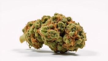Highly detailed image of vibrant cannabis bud showcasing exceptional quality and richness on a pure white background photo