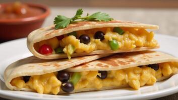 Scrambled egg black bean breakfast quesadilla with sauted bell peppers and melted pepper jack cheese photo