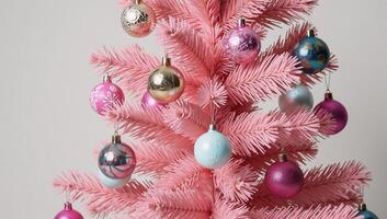 A sparkling pink Christmas tree adorned with festive ornaments photo