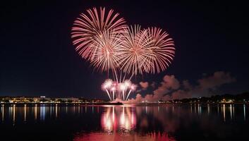 Firework display over city skyline reflected in water at night Night Photography photo