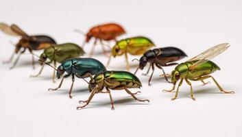 Colorful insects congregate on a pristine backdrop white photo